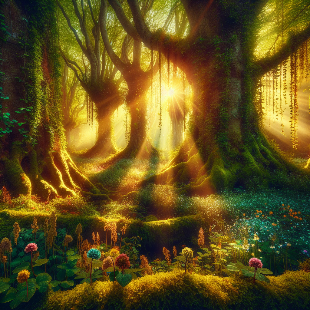 Good morning image showcasing an enchanted forest bathed in the golden sunrise with a greener-than-green moss carpet and wildflowers in full bloom.