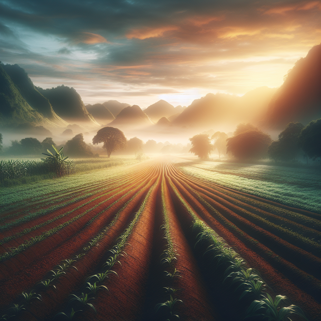 Lush and fertile farm early in the morning showcasing rows of freshly tilled soil ready for planting, evoking peace and potential in a good morning image.