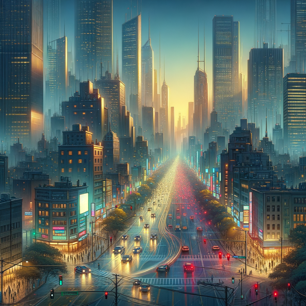 Digital artwork showing an early morning in a bustling city devoid of people, infused with the energy of new beginnings and the phrase Good Morning