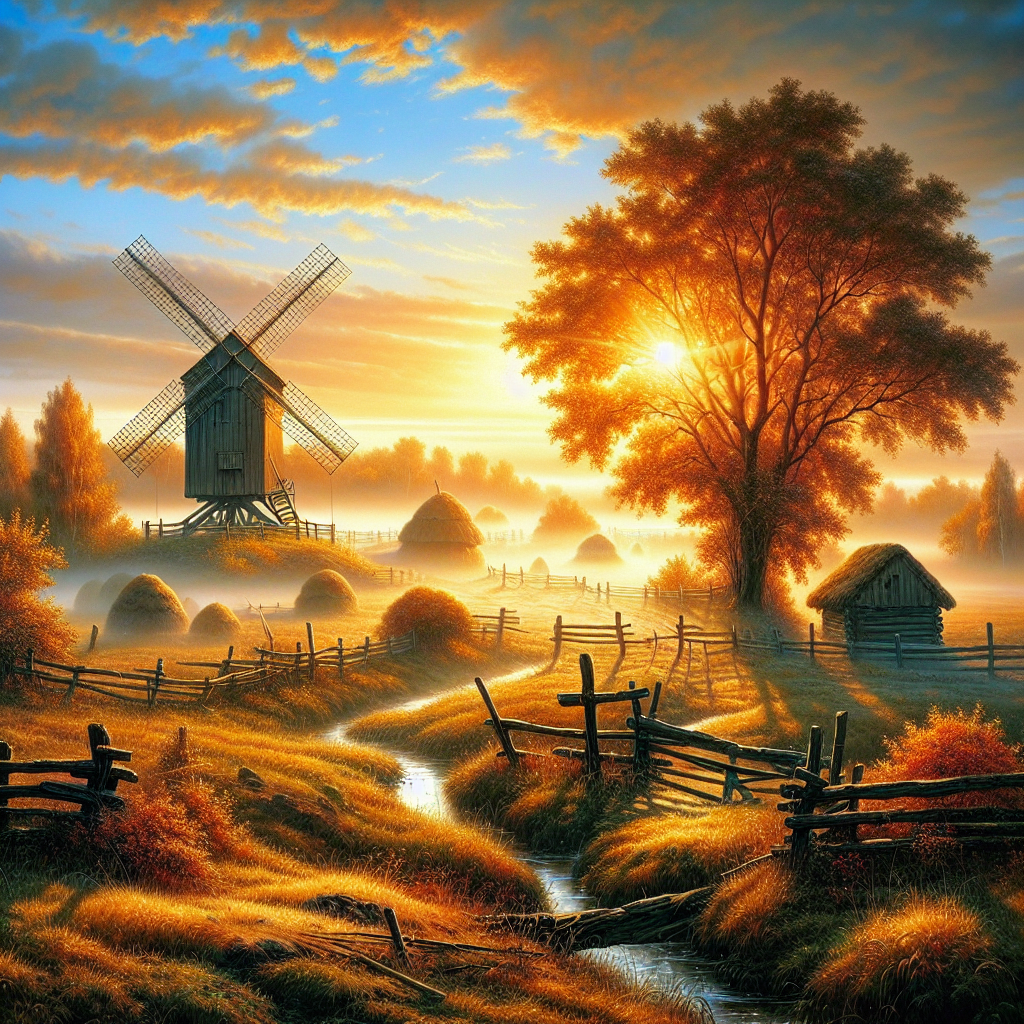 A good morning image featuring a serene autumn landscape with vibrant colors, wooden fences, windmills, and a rising sun.