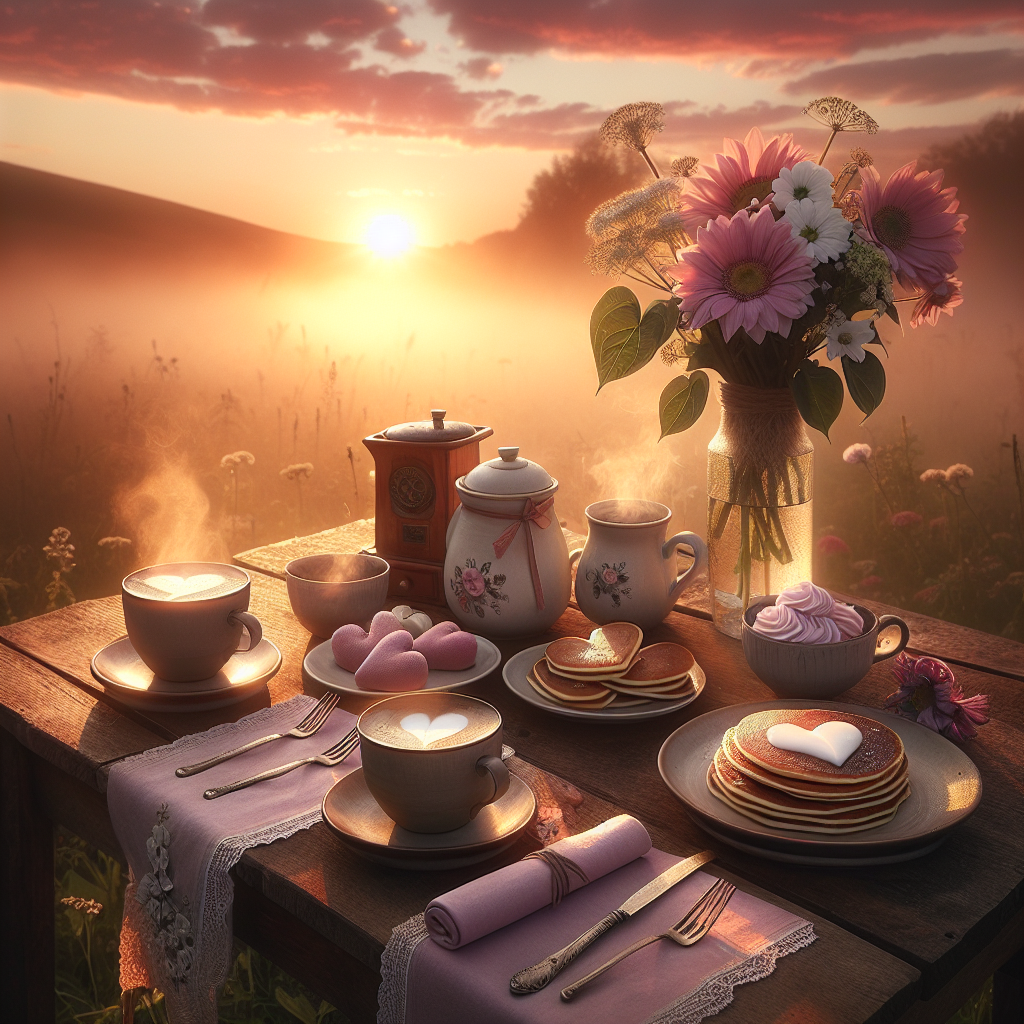 A good morning image of a quaint wooden table set for two with coffee, breakfast plates, and heart-shaped pancakes in a serene sunrise.