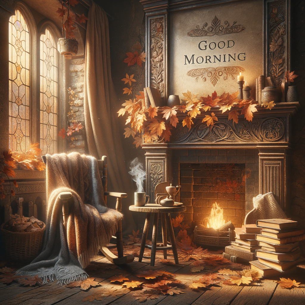 A cozy autumn morning scene with a crackling fireplace, a plush throw, hot cocoa, and a serene ambiance in the golden sunlight of dawn, invoking a good morning image.