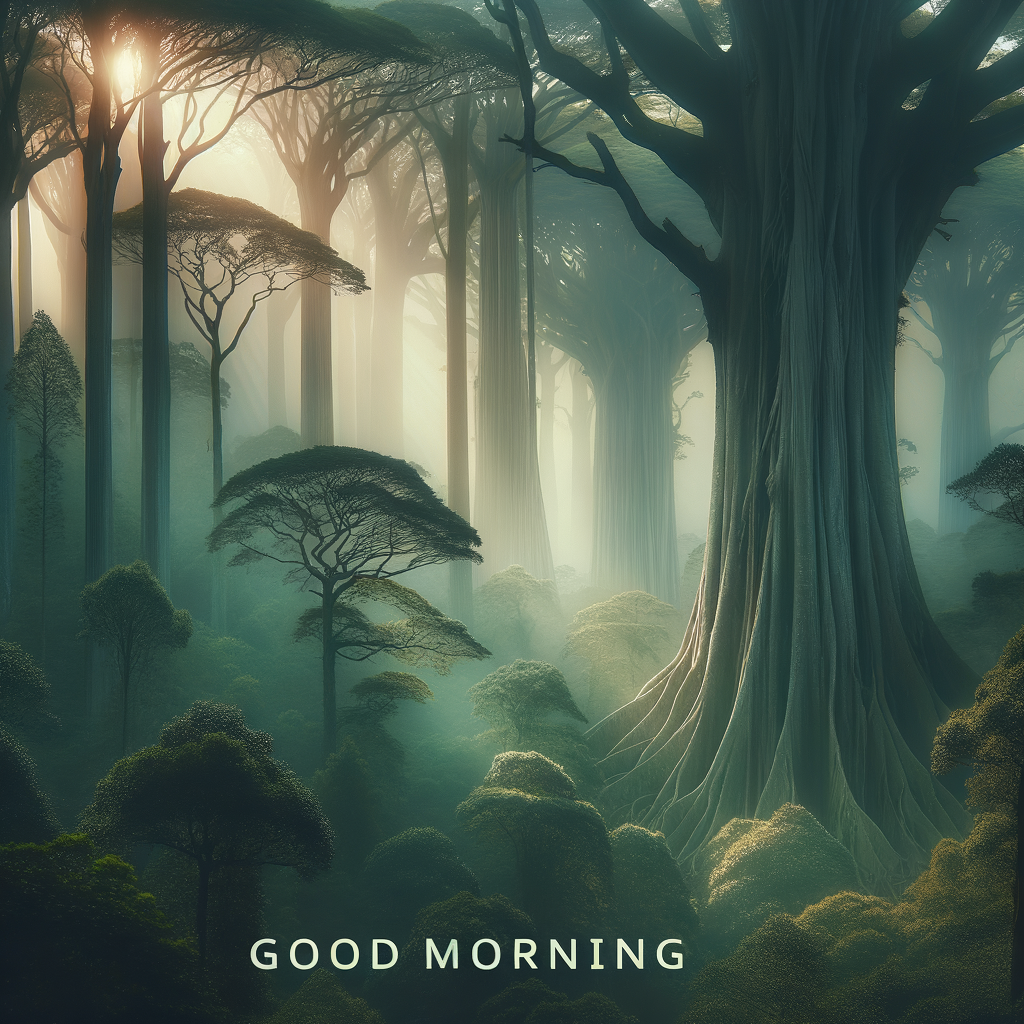 A serene morning landscape, where majestic forests and ancient trees are bathed in the glow of a rising sun, good morning image.