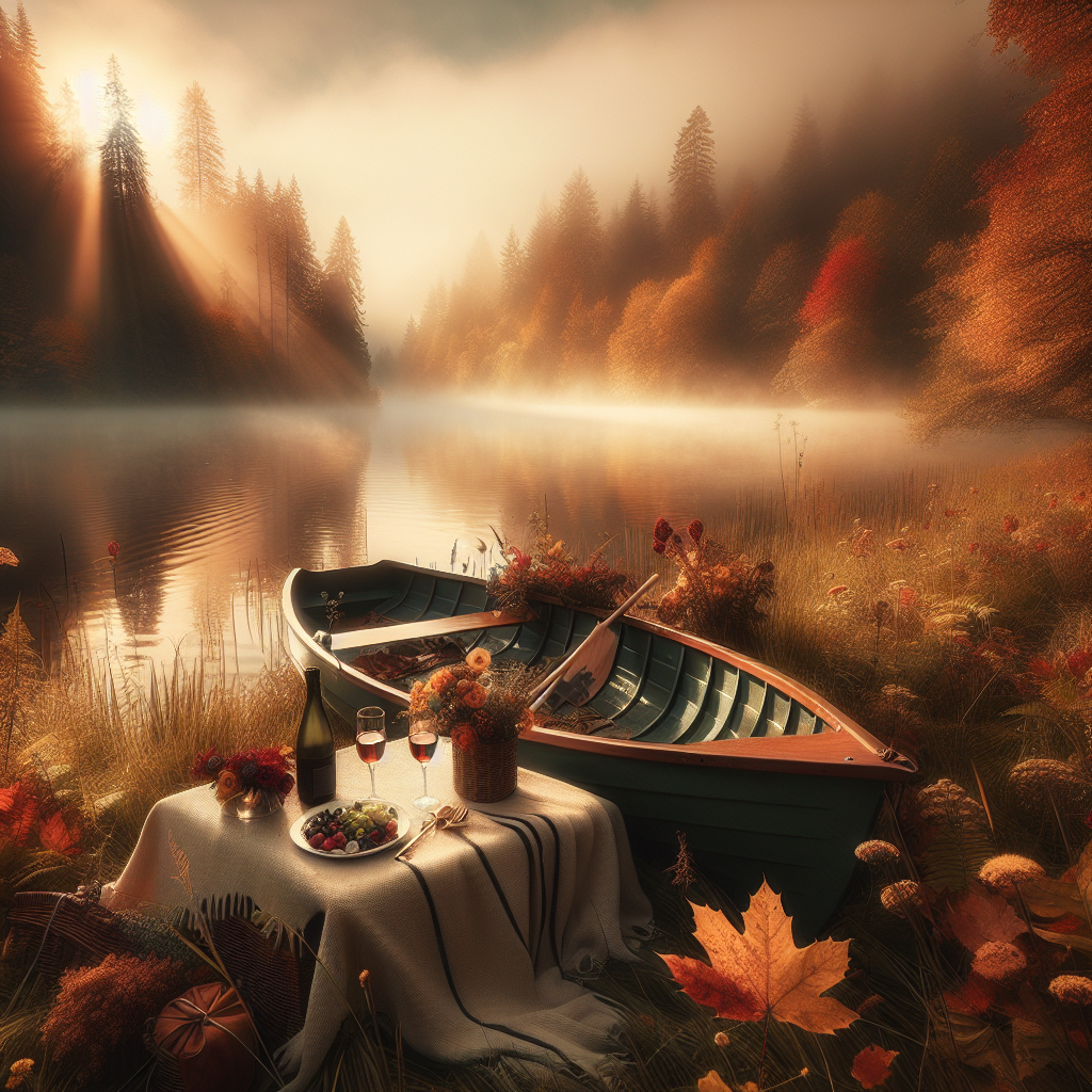 Misty lake with an empty rowboat surrounded by autumn colors, evoking a romantic, early morning adventure in a serene setting.