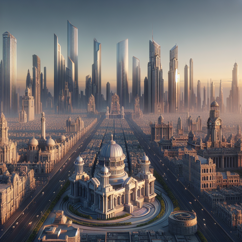 Panoramic view of a serene city at dawn, with skyscrapers and monuments highlighting the old and new. A perfect good morning image.